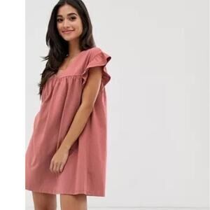 ASOS Pink Reversible Ruffle Sleeve Cotton Slub Smock Dress